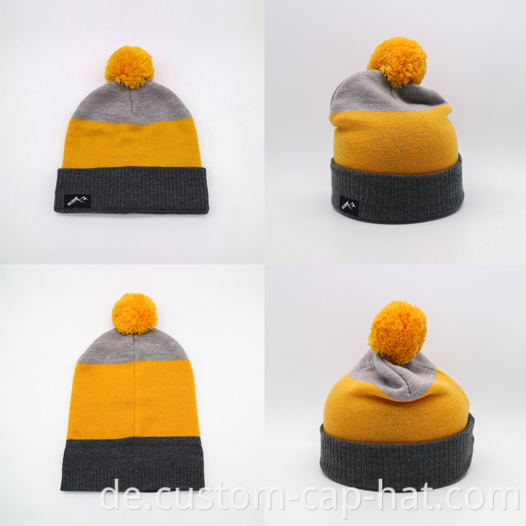 Custom Hat Factory 100% Merino Woll Mütze Großhandel Hats Winter Tricolor gestreifter Strickhut mit Pom Pom